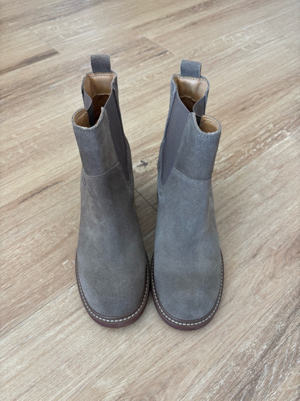 Crown Vintage Gray Suede Chelsea Booties with Brown Sole